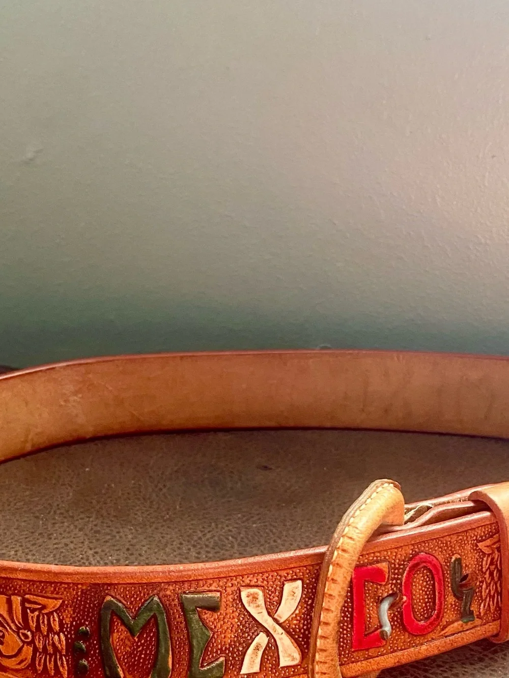 Hand Tooled Brown Leather Belt with Multicolor 'MEXICO', Cacti, Aztec Pyramids